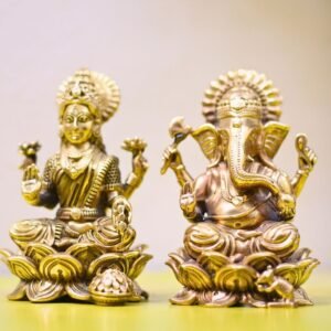 Auspicious Brass Lakshmi Ganesh Idol Set (Lotus Base) | Diwali Puja God Idols & Religious Gift