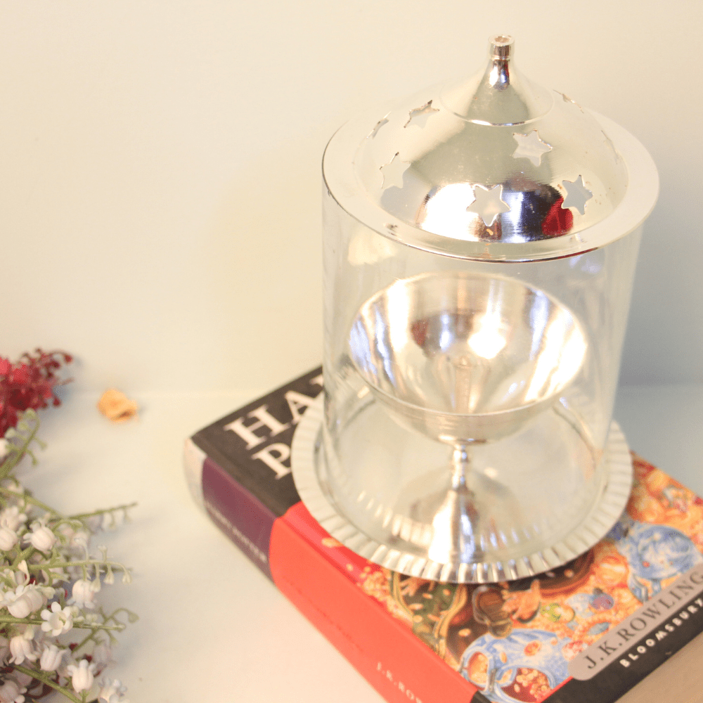 Modern Glass and Metal Diya Holder - 7 ′′ Silver Finish Candle Enclosure - Image 4