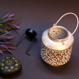 Distressed White Metal Tea Light Lantern – 5-Inch Rustic Table Decor