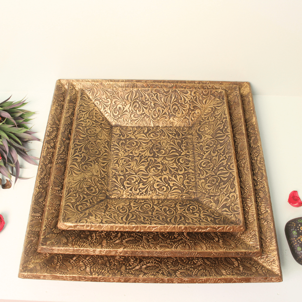 Wooden and Brass Tray Set - Image 5