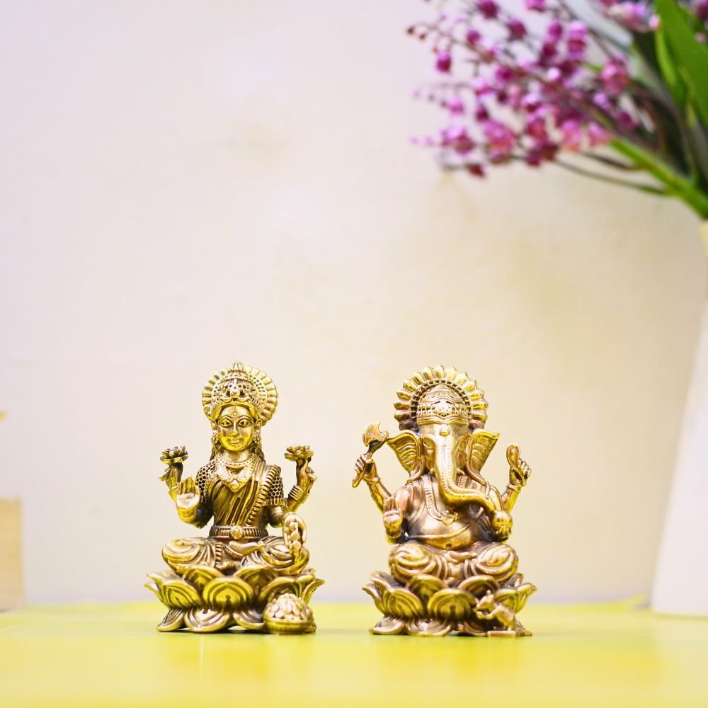 Auspicious Brass Lakshmi Ganesh Idol Set (Lotus Base) | Diwali Puja God Idols & Religious Gift - Image 4