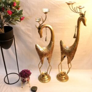 Tall Golden Deer Floor Lantern Set – 37.5 ′′ Iron Festive Candle Decor
