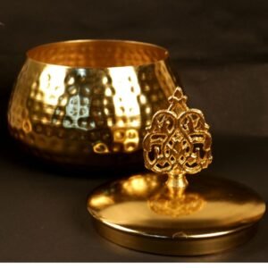 Golden Metal Storage Jar with Intricate Lid