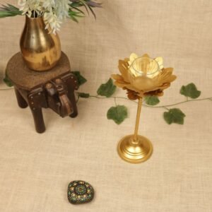 Golden Lotus Candle Stand – 8  ′′   Metal Diya Lamp for Diwali Festive Decor