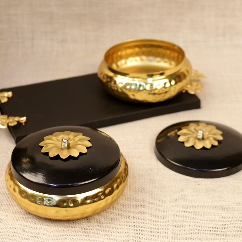 Black and Gold Serving Tray with Lidded Bowls