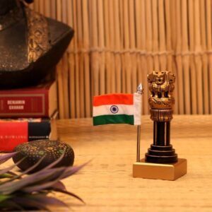 WOODEN ASHOK PILLAR NATURAL POLISH WITH FLAG 8 INCH