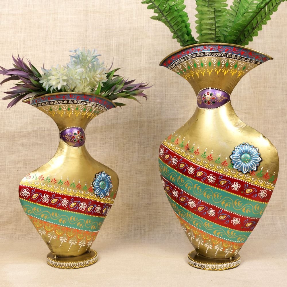 Hand-Painted Iron Vases Set - 21 ′′ & 17 ′′ Golden Festive Decor - Image 4