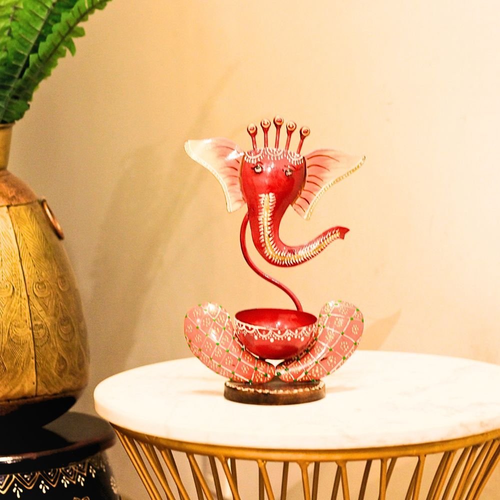 Hand-Painted Ganesha Tea Light Holder - 10 ′′ Iron God Idol Decor - Image 5