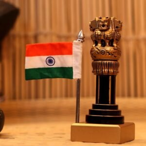 WOODEN ASHOK PILLAR NATURAL POLISH WITH FLAG 8 INCH