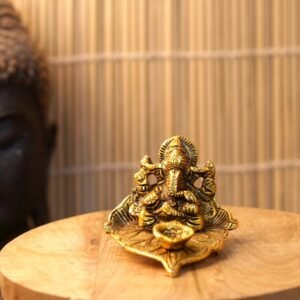 Brass Finish Ganesh Diya Idol on Leaf Base | Auspicious Puja Accessory & Diwali Gift