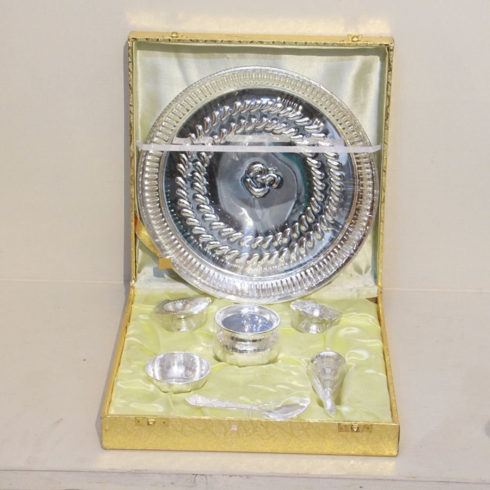 Silver-Plated Brass Pooja Thali Set (Complete 6-Piece) | Essential Puja Accessories & Diwali Gift - Image 3