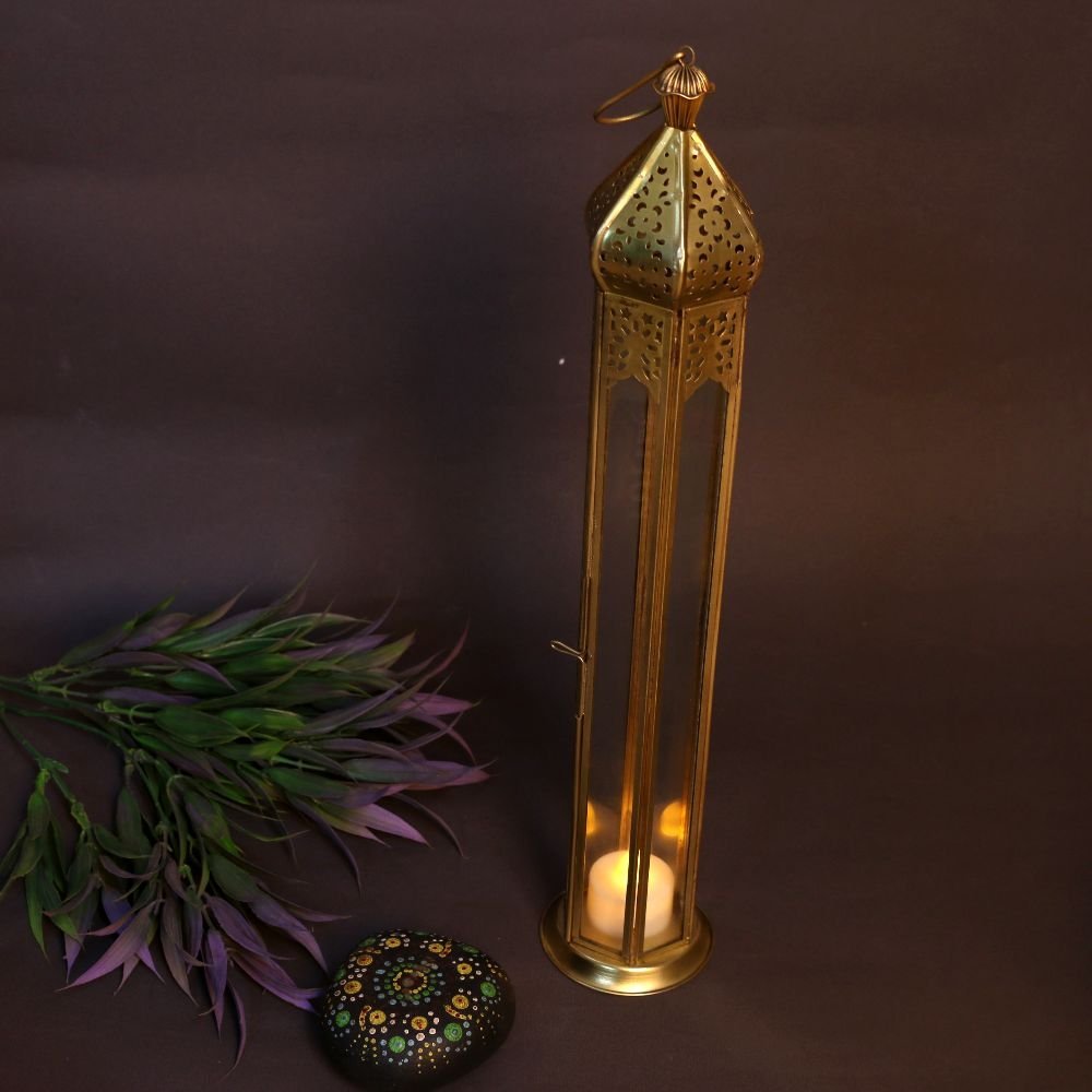 Tall Column Metal Lantern - 16 ′′ Golden Iron Floor Lamp for Festive Decor - Image 4