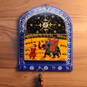 Hand-Painted Wooden Key Holder – 11 ′′ Rajasthani Folk Art Wall Organizer