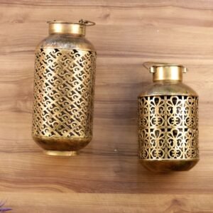Golden Vintage Metal Lantern Set – Intricate Cutwork Candle Holders for Home & Festive Décor || Diwali Decor