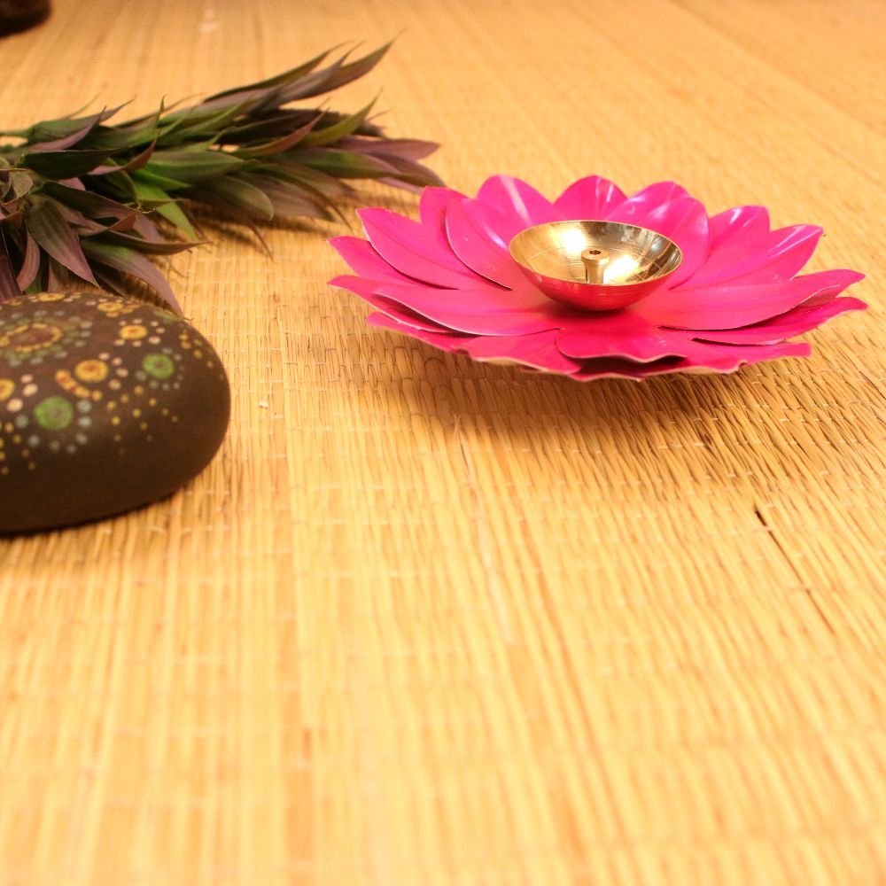 Vibrant Pink Lotus Diya - 6 ′′ Metal Festive Accent for Diwali - Image 3
