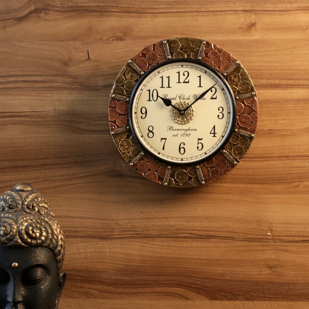 WOODEN BRASS COPPER COIN CLOCK - Image 2