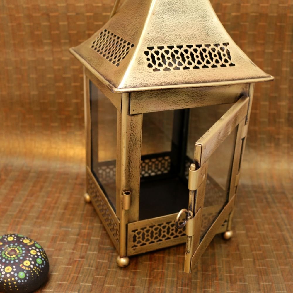 Tall Antique Golden Metal Lantern | 15 Inch Hanging Pillar T-Light Holder | Hanging Decoration - Image 3