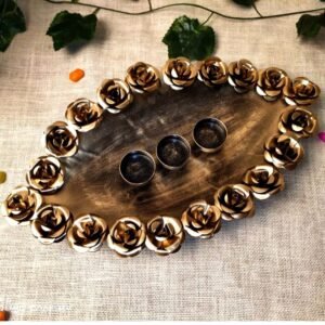 Golden Rose Festive Platter – Oval Metal Decorative Tray for Diwali and Weddings
