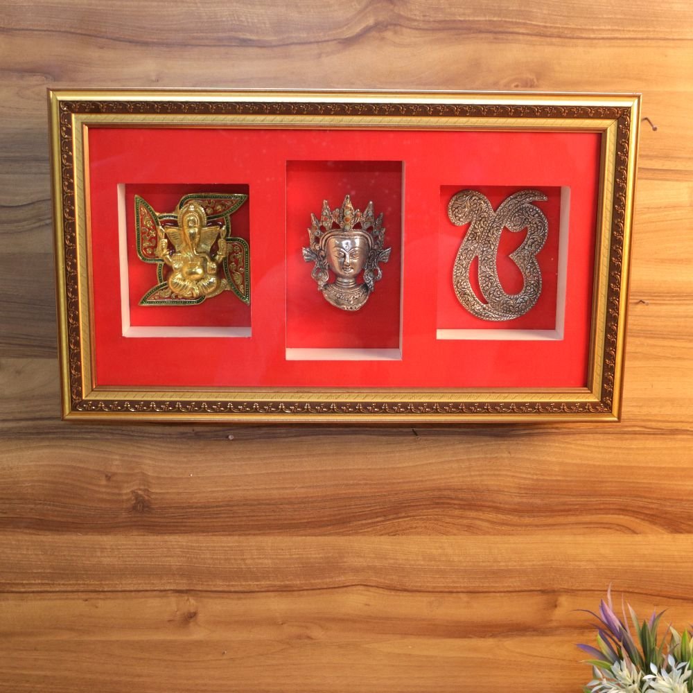 Divine Trinity Gold & Silver Plated Framed Idol Set | Home Temple Puja Accessories & Satsang Gift