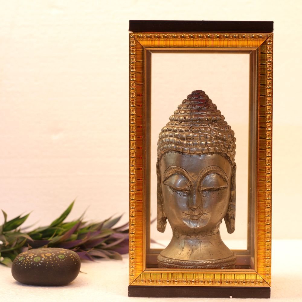Serene Metal Buddha Head Idol in Wooden Frame | Zen Home Decor & Spiritual Gift