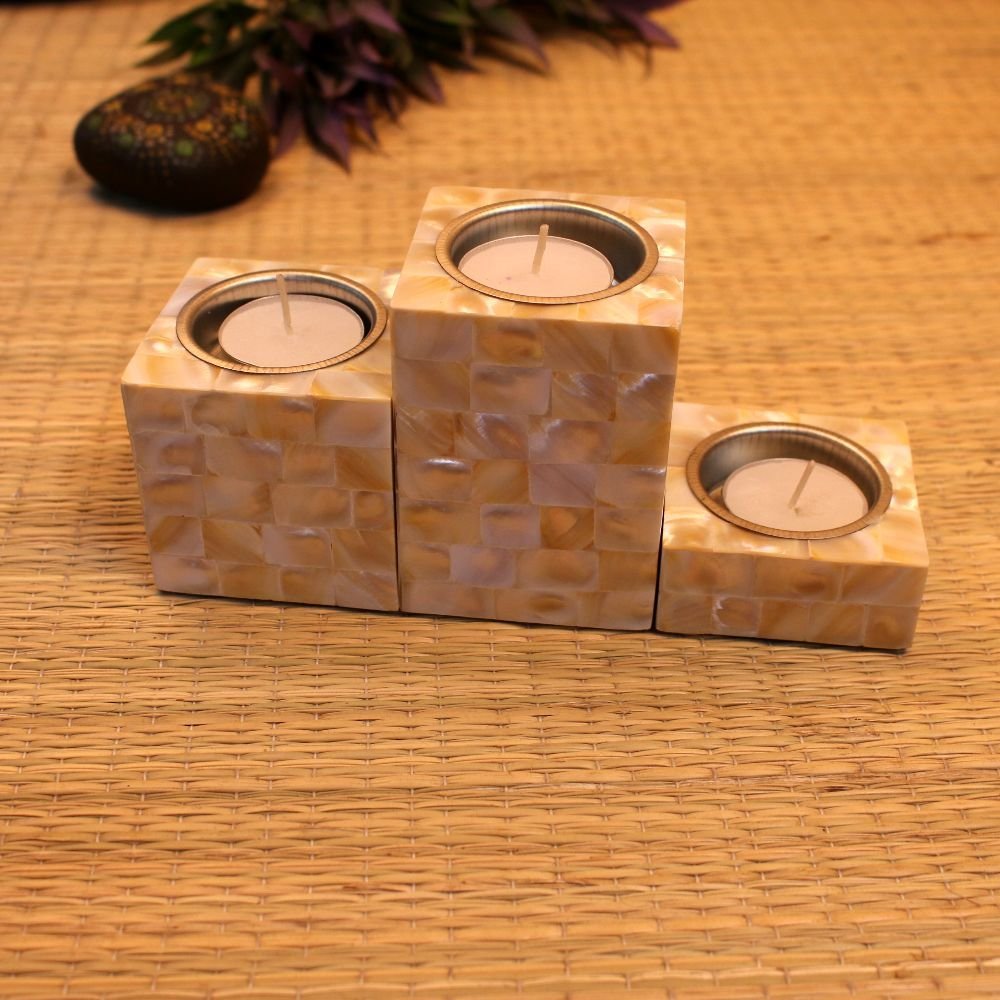 White Mother Of Pearl Candle Stand Set Of 3 - Image 5