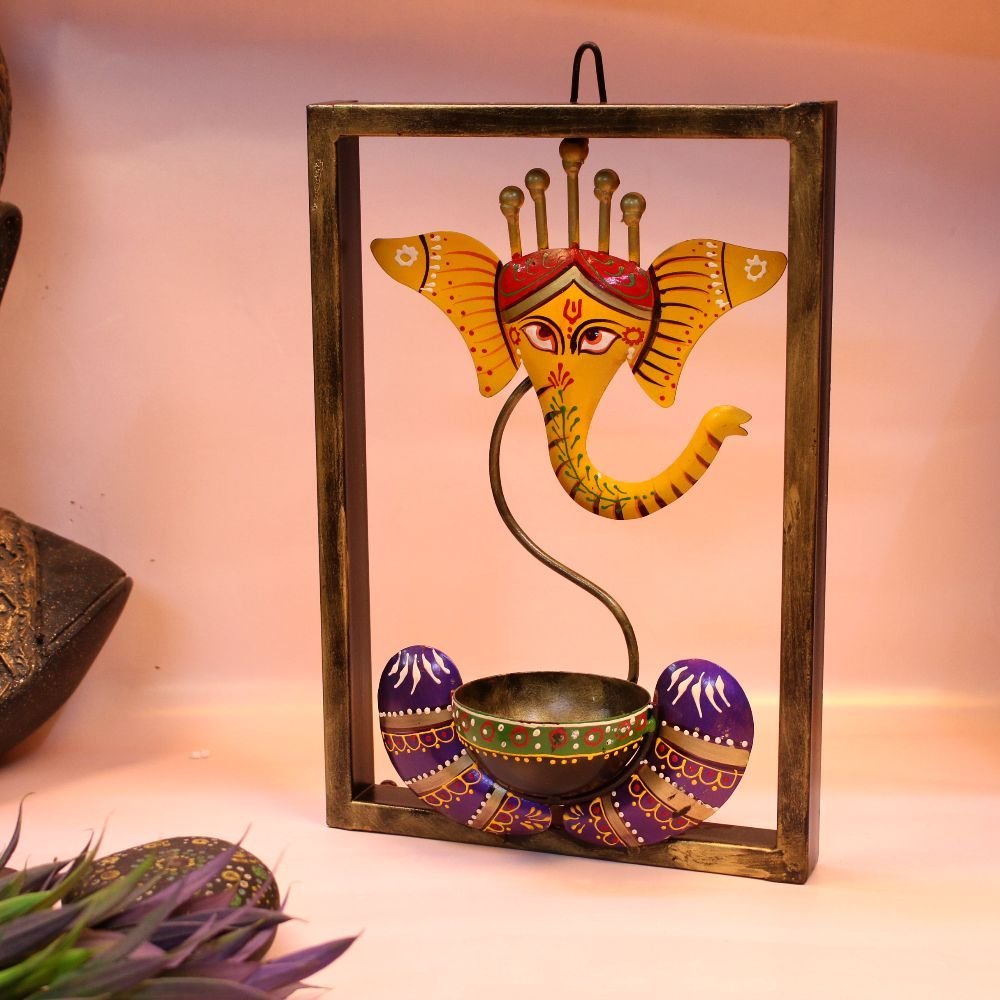 Hand-Painted Ganesha Wall Decor - 12 ′′ Framed Iron Diya for Auspicious Gifting - Image 5