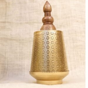 Golden Jali Lantern with Wood Finial – 10 ′′ Iron Lamp for Diwali and Festive Decor