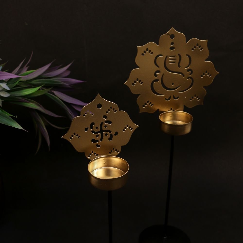 Set of 4 Golden Metal Symbolic Tea Light Stands - Tiered Diya for Pooja and Diwali - Image 3