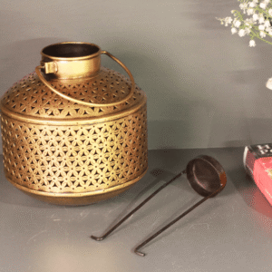 Round Golden Metal Jali T-Light Lantern | Hanging Votive Candle Holder | Hanging Decor