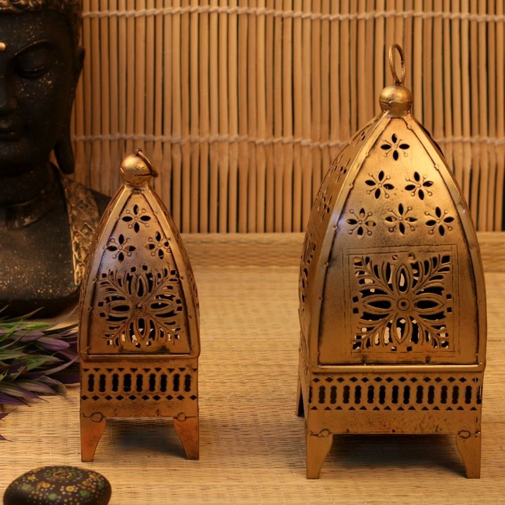 Set of 2 Golden Cutwork Lanterns for Timeless Diwali Decor and Festival Decor | Hanging Decor