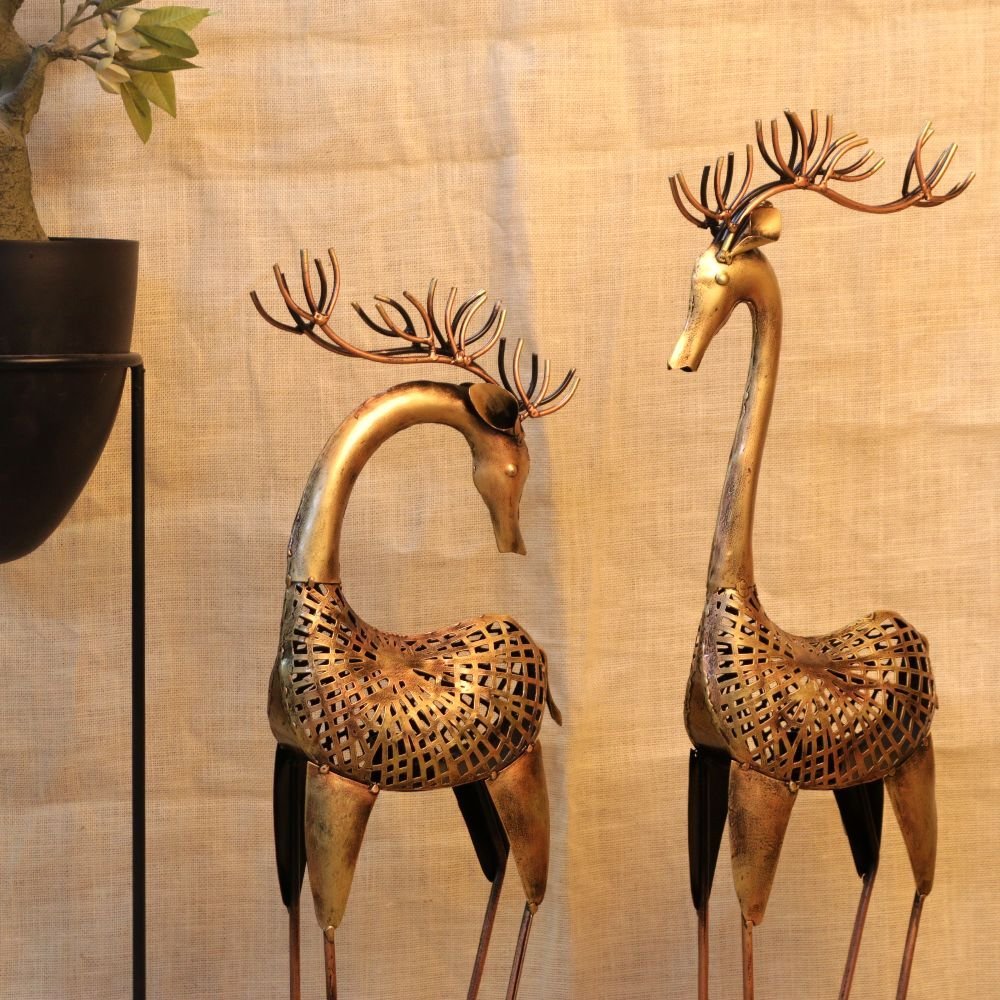 Luxury Set of 2 Golden Metal Deer Sculptures | 31-Inch Christmas Floor Decor - Image 2