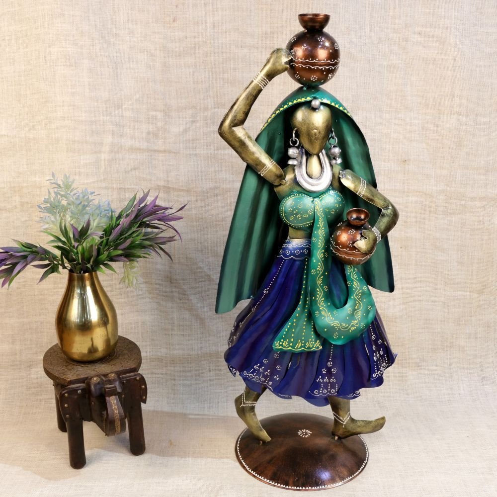 Vibrant Metal Statue of a Rural Indian Woman - Image 3