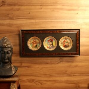 Framed Set of 3 Miniature Plates Wall Art | Wooden and Marble Traditional Decor