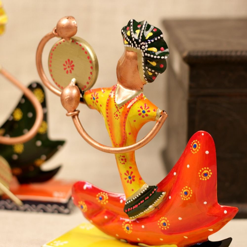 Set of 3 Sitting Metal Musician Figurines | Hand-Painted Indian Folk Art Decor - Image 3