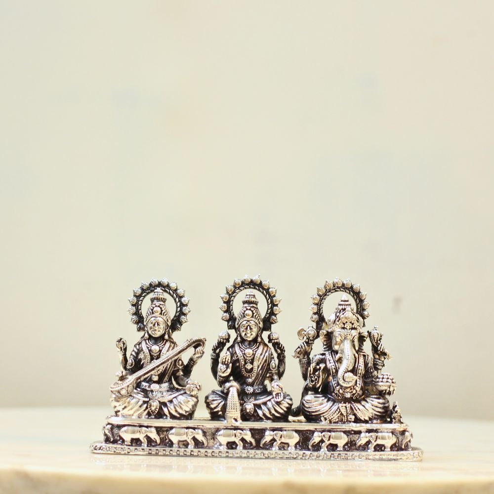 Divine Trio Idol Set (Saraswati, Lakshmi, Ganesh) | German Silver & Brass God Idols for Diwali Puja - Image 4