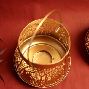 Set of 2 Golden Metal Tea Light Lanterns – 4.5 ′′ Decorative Votive Holders