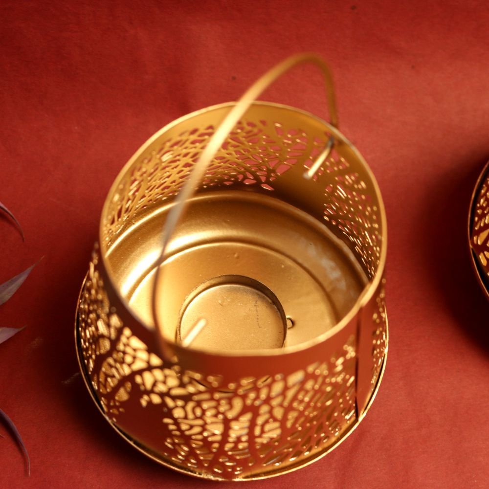Set of 2 Golden Metal Tea Light Lanterns - 4.5 ′′ Decorative Votive Holders - Image 2