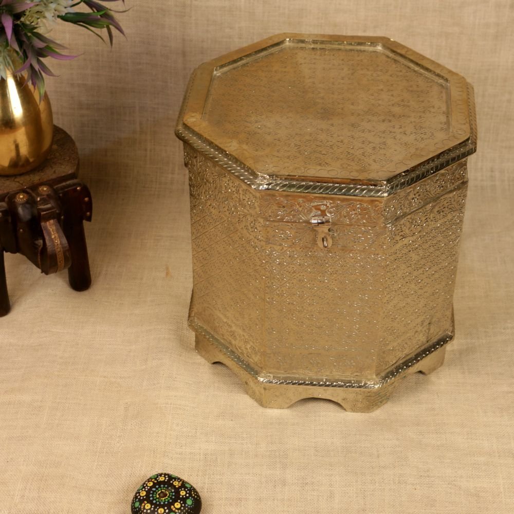 Octagonal Wooden & Embossed Steel Storage Trunk (16 Inch) | Vintage Home Decor & Keepsake Box - Image 3