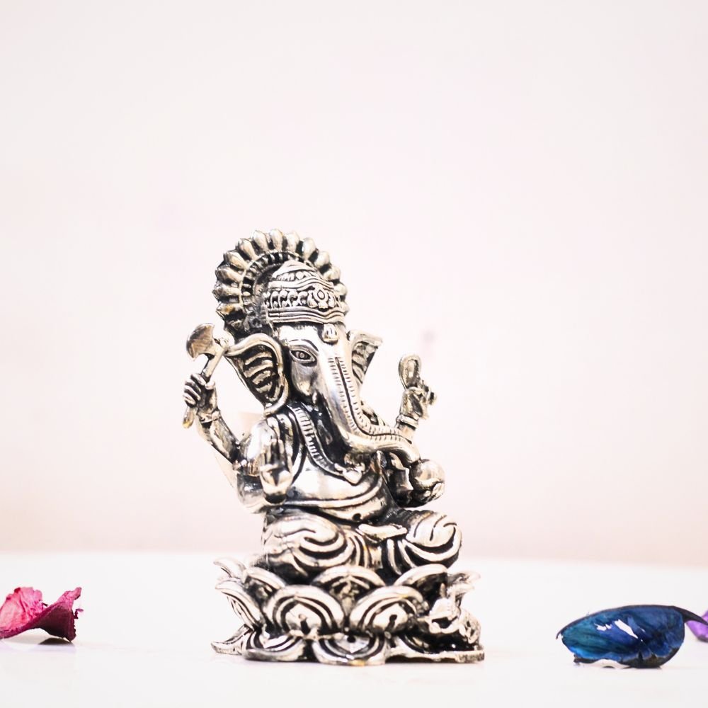 Auspicious Brass Silver Polish Ganesh Idol | Home Temple God Idols for Success & Diwali Puja - Image 2