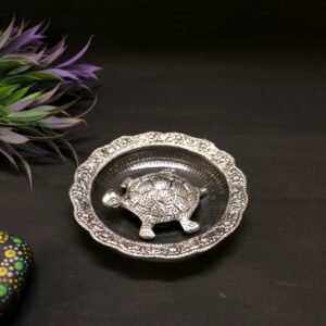 Vastu Metal Tortoise (Kachua) in Plate | Silver Finish for Good Fortune & House Warming Gift