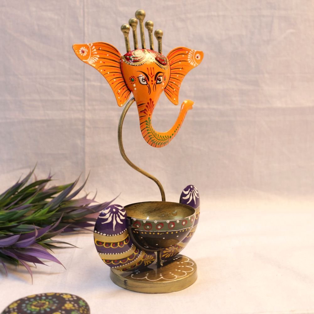 Hand-Painted Ganesha Diya Stand - 10 ′′ Iron God Idol for Auspicious Diwali Decor - Image 3