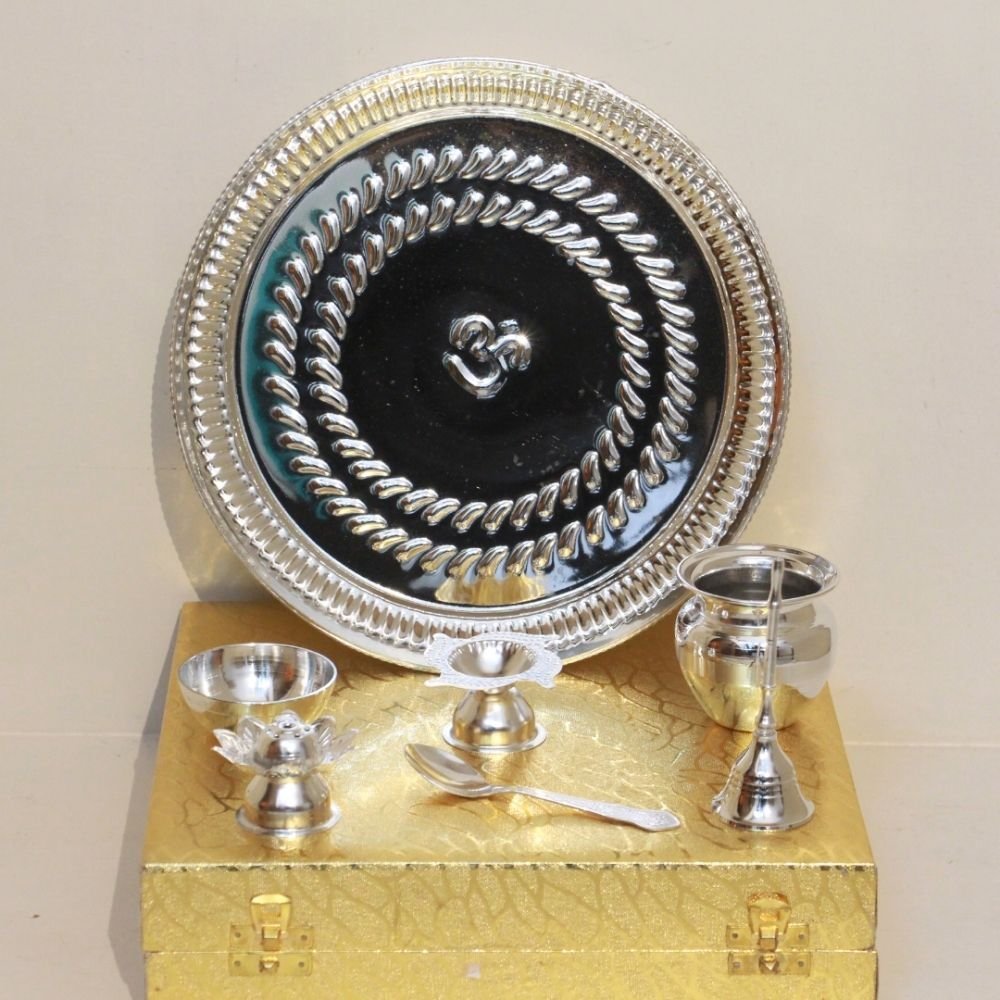 Silver-Plated Brass Pooja Thali Set (Complete 6-Piece) | Essential Puja Accessories & Diwali Gift - Image 4