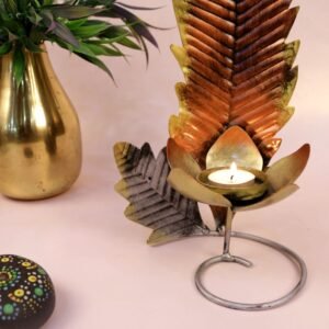 Golden Feather Tea Light Holder – 14 ′′ Iron Festive Lamp for Elegant Decor