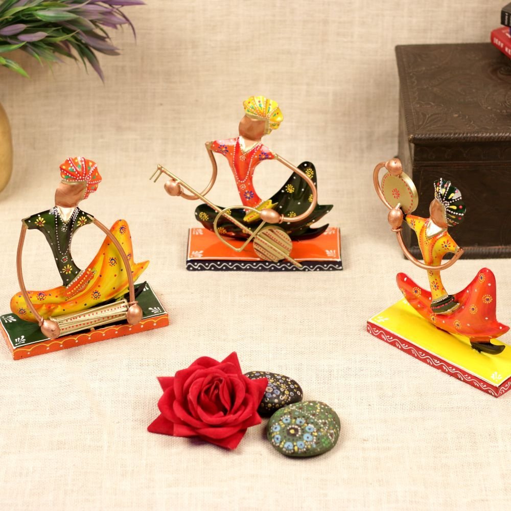 Set of 3 Sitting Metal Musician Figurines | Hand-Painted Indian Folk Art Decor - Image 5