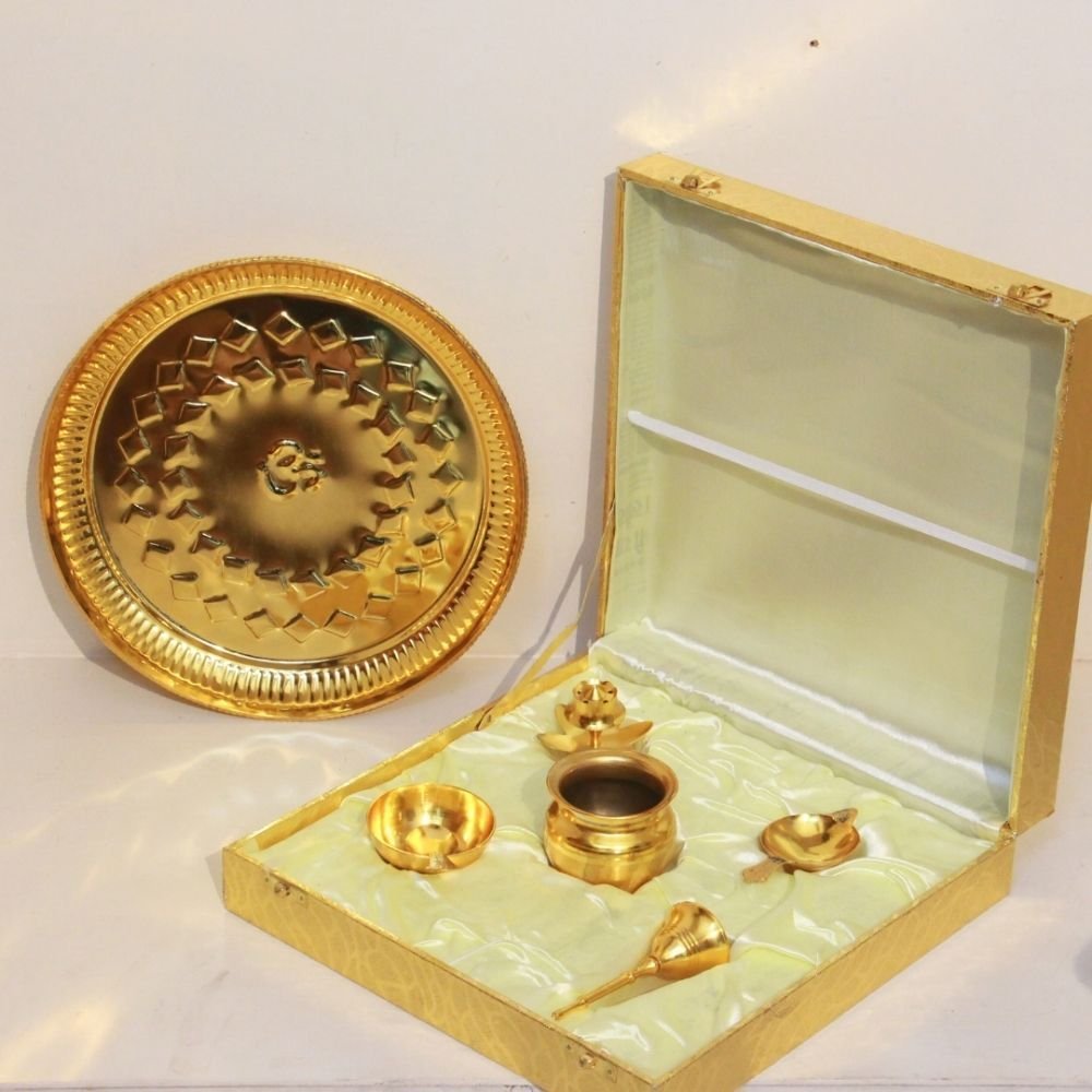 Exquisite Golden Brass Pooja Thali Gift Set (5-Piece) | Essential Puja Accessories & Diwali Gift - Image 3
