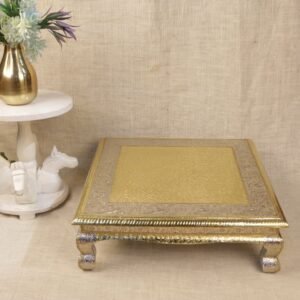 Large Square Wooden Chowki 21×21 | Gold Foil Pooja Pedestal & Low Table