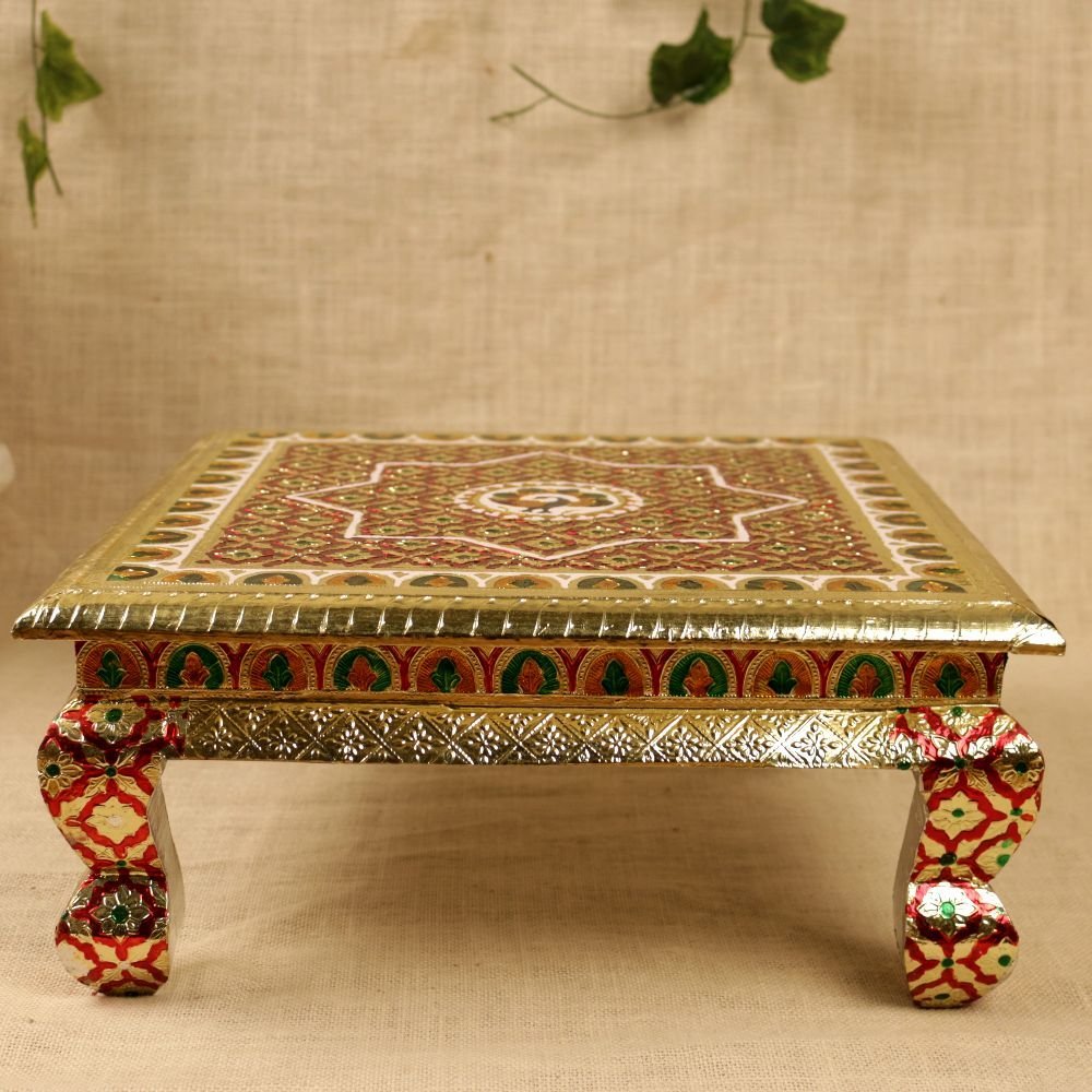 Hand-Painted Wooden Square Chowki in Red & Gold | Traditional Puja & Festive Decor - Image 3
