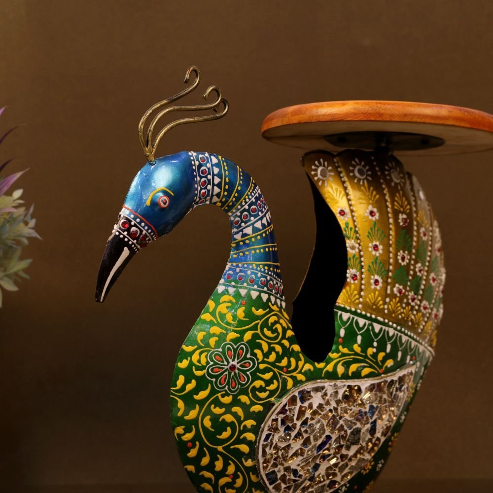 Hand-Painted Peacock Pedestal - 13.5 ′′ Iron Side Table for Auspicious Decor - Image 4