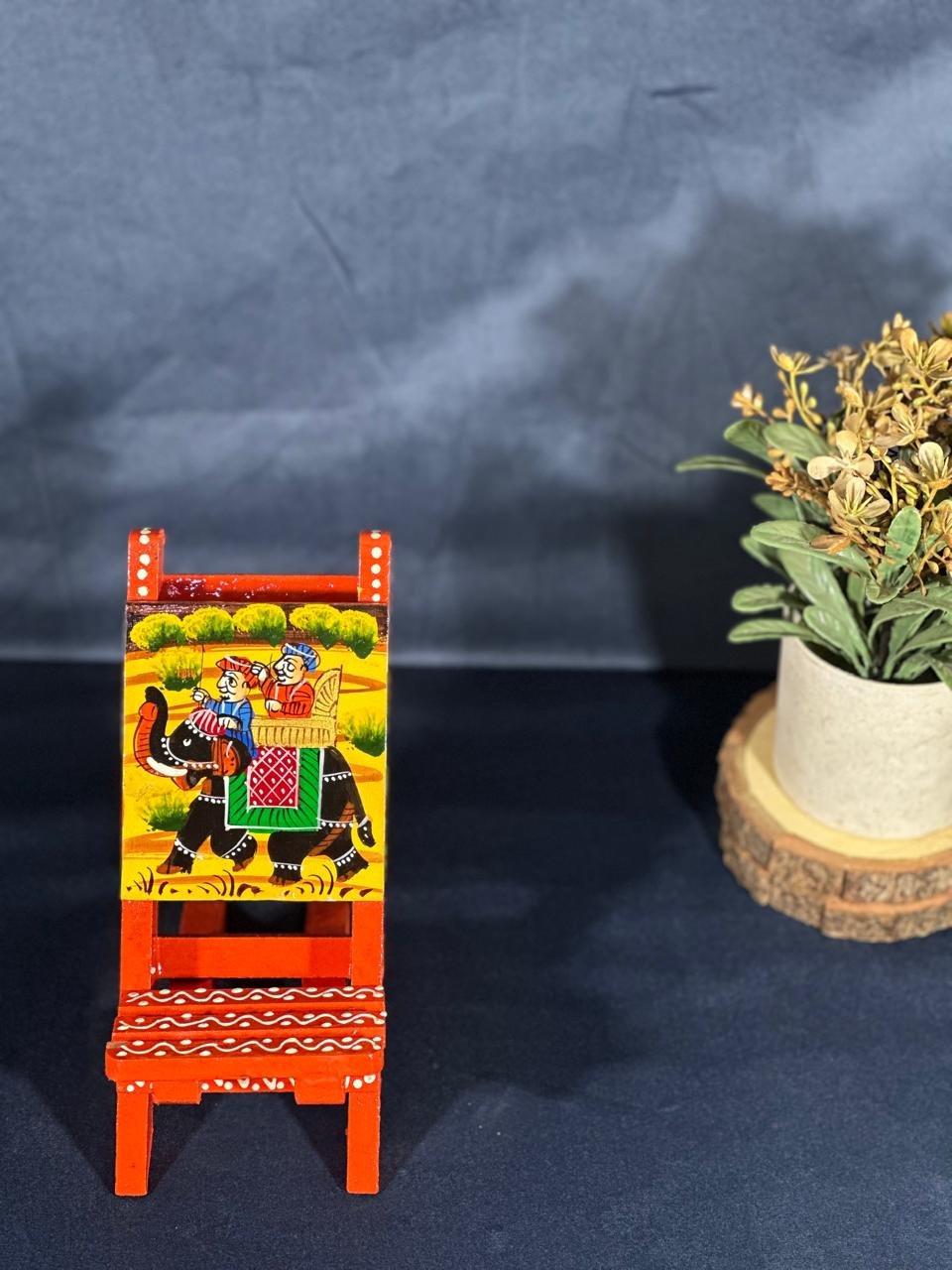 Handcrafted Wooden Mobile Stand with Traditional Rajasthani Elephant Painting | Mini Wooden Chair Phone Holder - Image 5