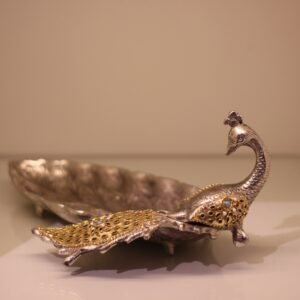 Peacock Plate Golden Work – Embossed Silver & Gold Peacock Decorative Bowl